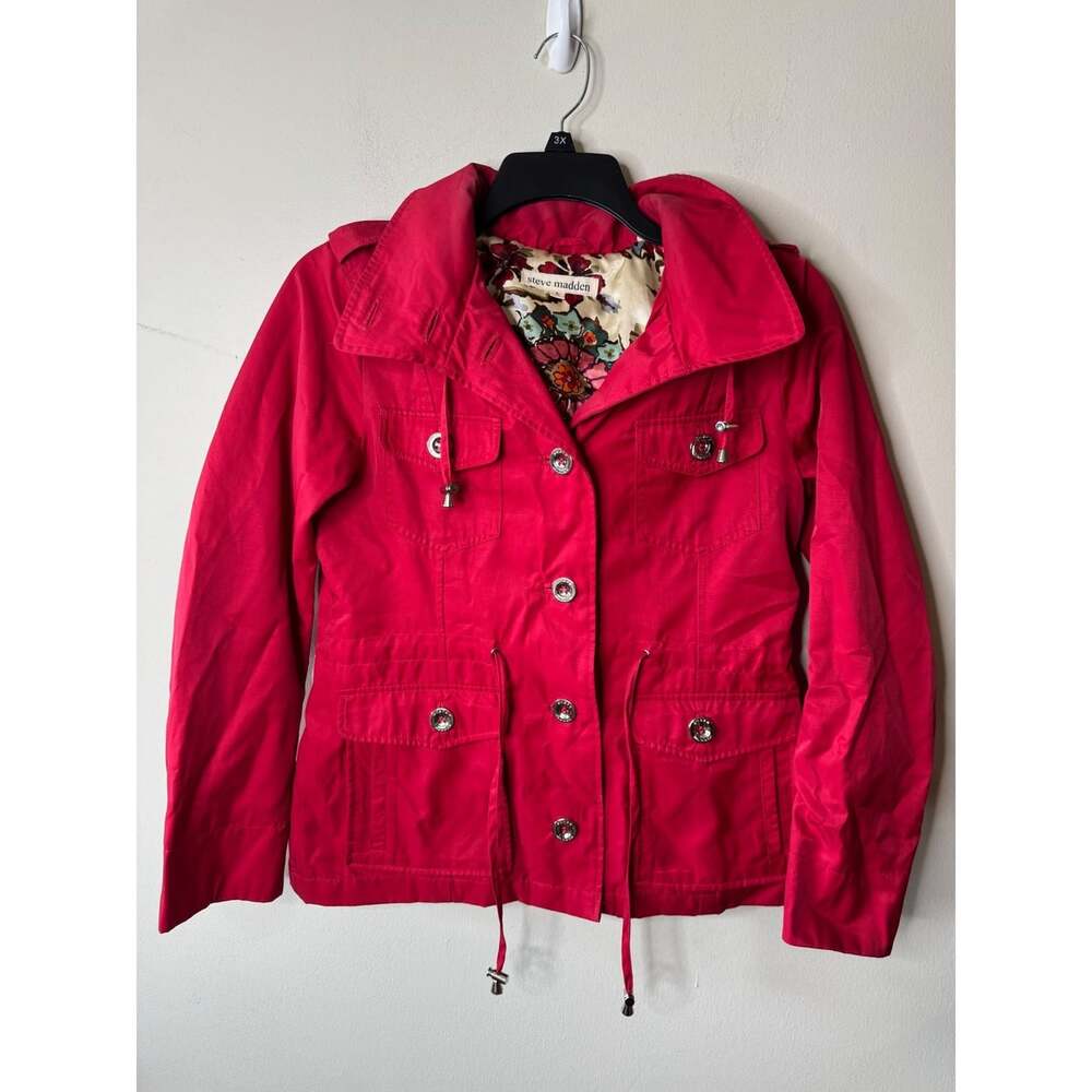 Steve Madden Red Utility Anorak Jacket Removable Hood Floral Trim Womens XL